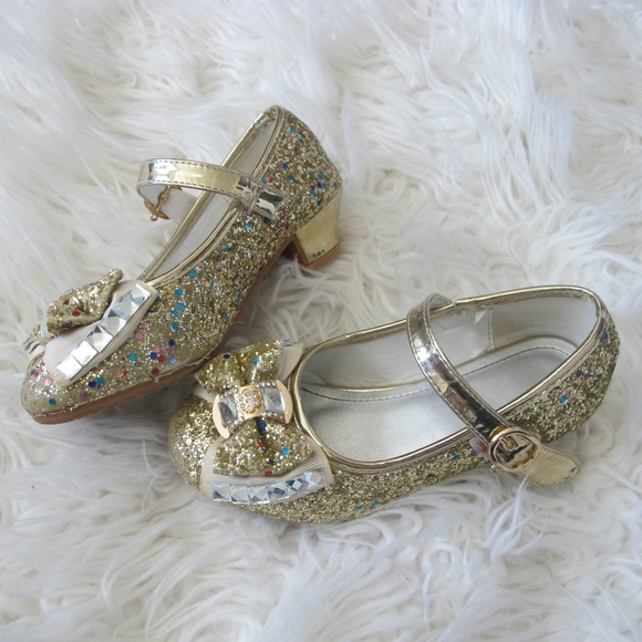 Girls Heels Party Mary Jane Dance Pump Crystal Bow Knot Size 11.5 gold EUC - Picture 2 of 6